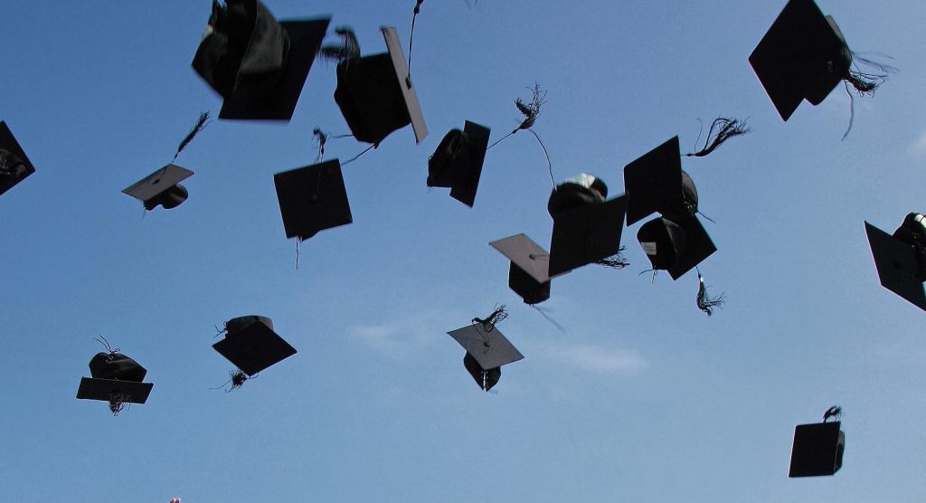 Graduation caps mid-air