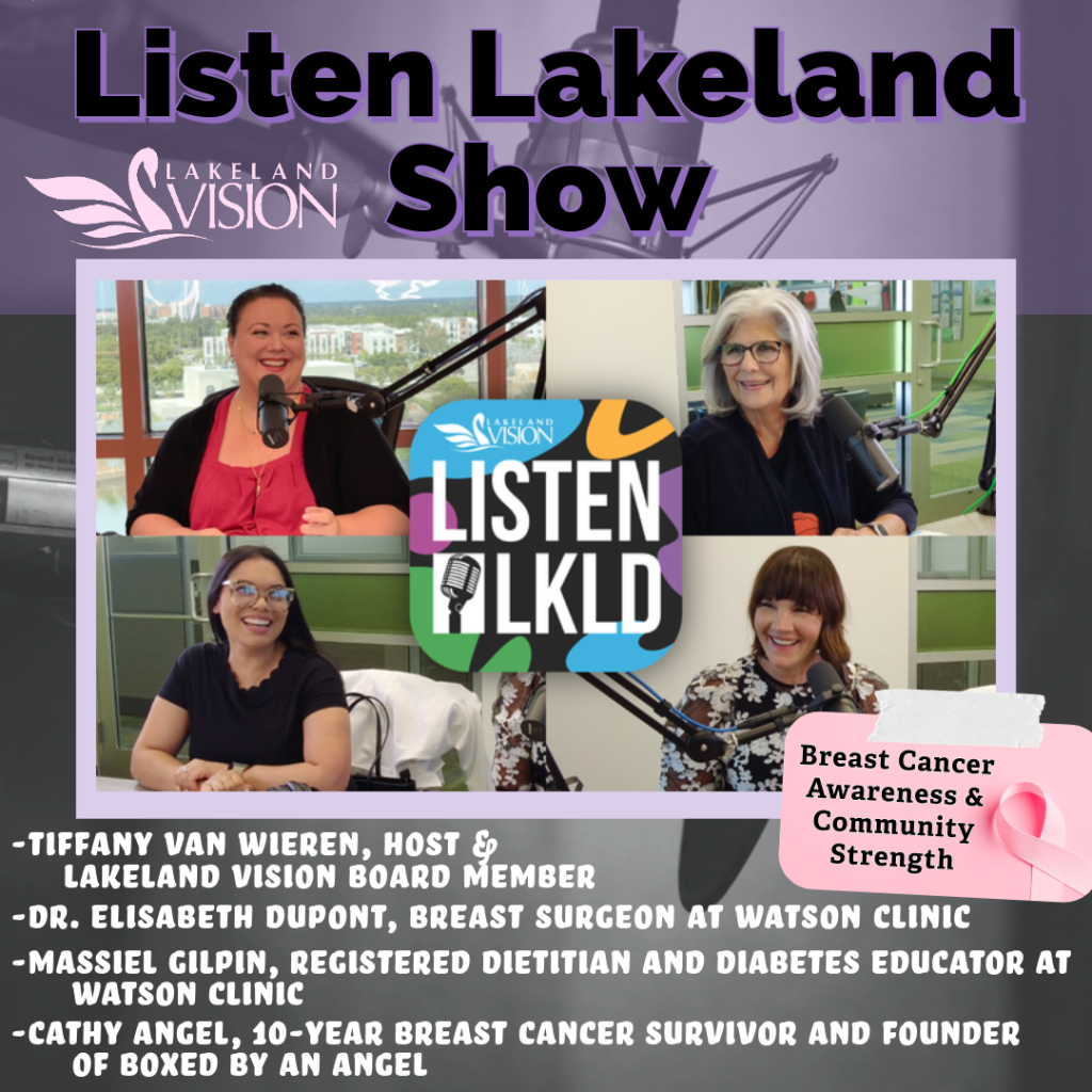 Listen Lakeland, Host: Tiffany Van Wieren. Guests: Dr. Elisabeth Dupont, Breast Surgeon at Watson Clinic, Massiel Gilpin, Registered Dietitian and Diabetes Educator at Watson Clinic and Cathy Angel, 10-year breast Cancer Survivor and Founder of Boxed by and Angel