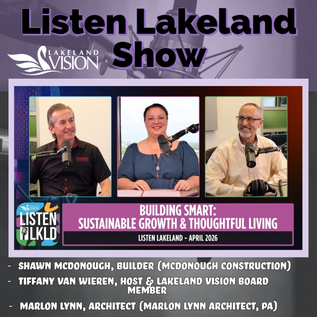 Listen Lakeland, Host – and Lakeland Vision Board Member Tiffany Van Wieren. Guests: architect Marlon Lynn and builder and realtor Shawn McDonough