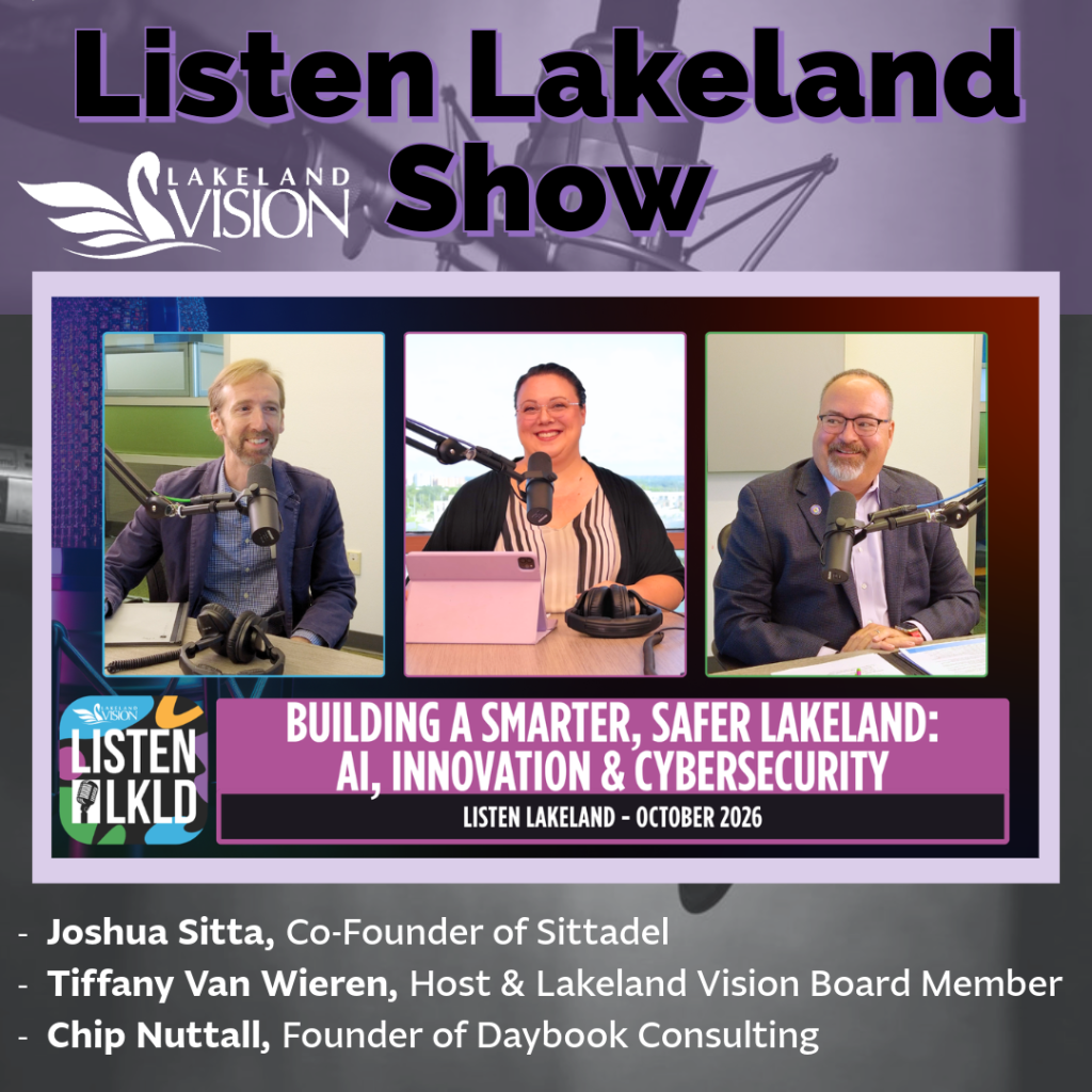 host and Lakeland Vision Board Member Tiffany Van Wieren, welcomes Joshua Sitta, Co-Founder of Sittadel, and Chip Nuttall, Founder of Daybook Consulting